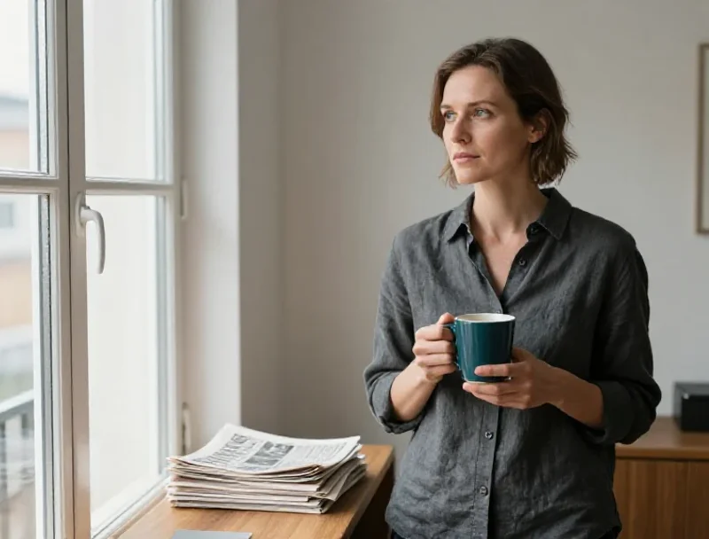 Une femme française observant le quotidien depuis sa fenêtre pour illustrer une perspective globale.