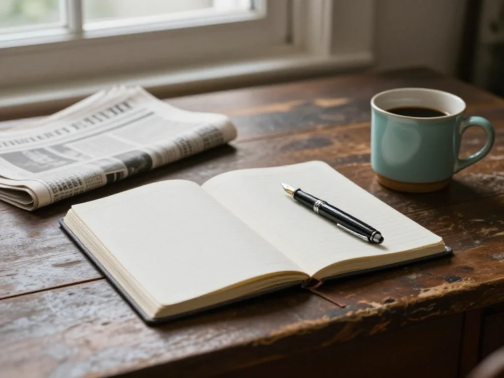 Table de rédaction avec journal et carnet illustrant le travail journalistique et éditorial matinal.